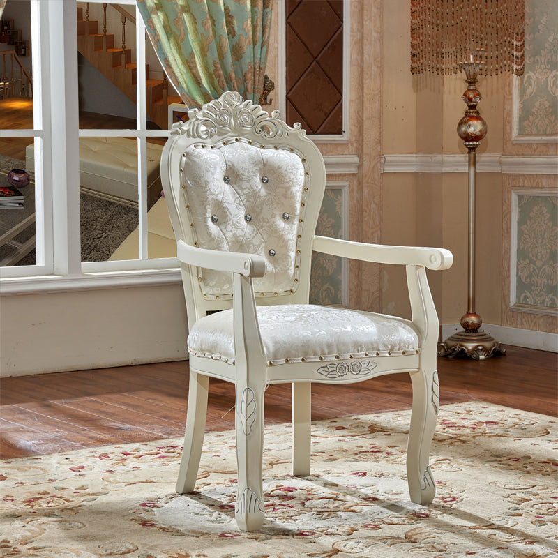 European Style Birch Leather Arm Chair Light Color Solid Back Dining Chair with White Legs