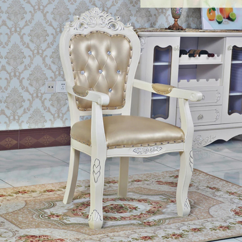 European Style Birch Leather Arm Chair Light Color Solid Back Dining Chair with White Legs