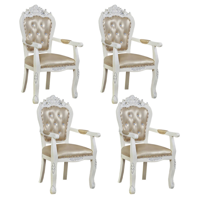 European Style Birch Leather Arm Chair Light Color Solid Back Dining Chair with White Legs