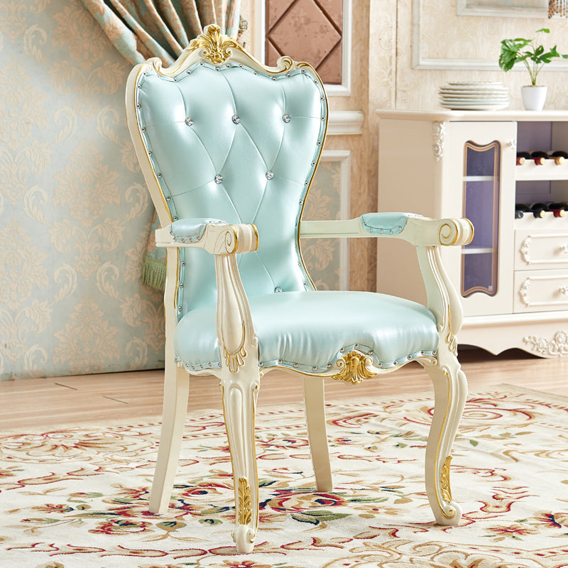 European Style Birch Leather Arm Chair Light Color Solid Back Dining Chair with White Legs