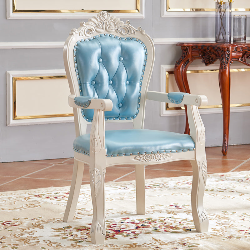 European Style Birch Leather Arm Chair Light Color Solid Back Dining Chair with White Legs