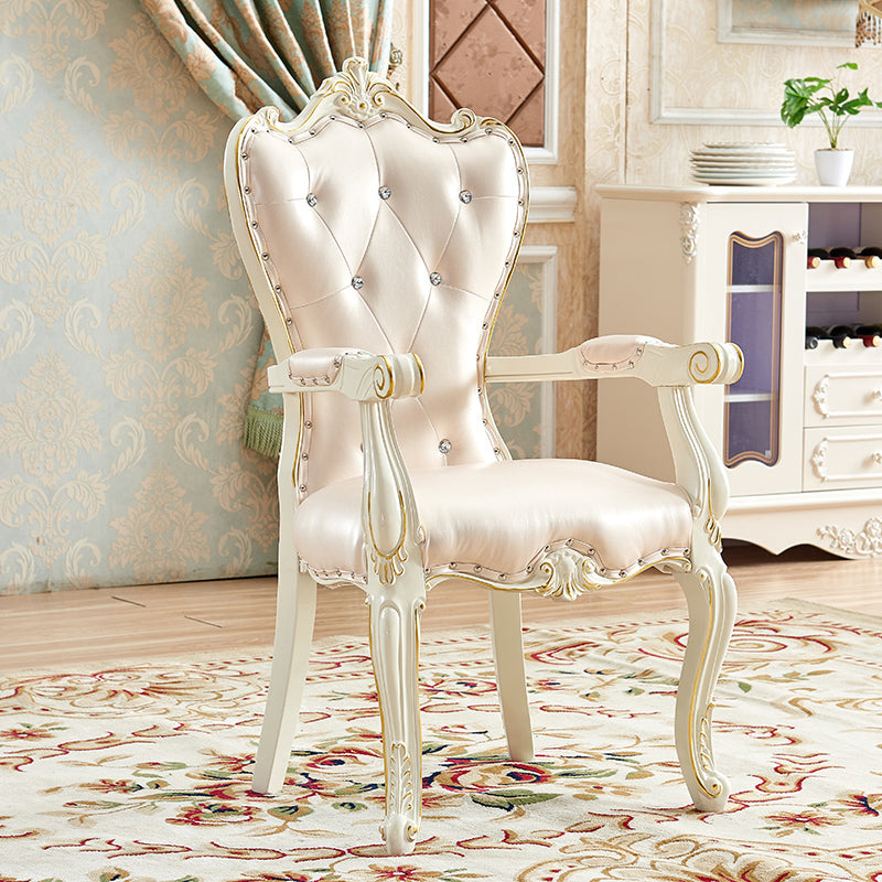 European Style Birch Leather Arm Chair Light Color Solid Back Dining Chair with White Legs