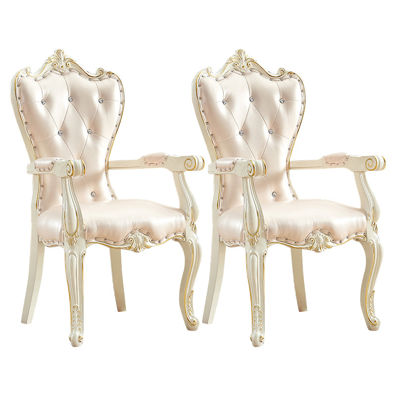 European Style Birch Leather Arm Chair Light Color Solid Back Dining Chair with White Legs