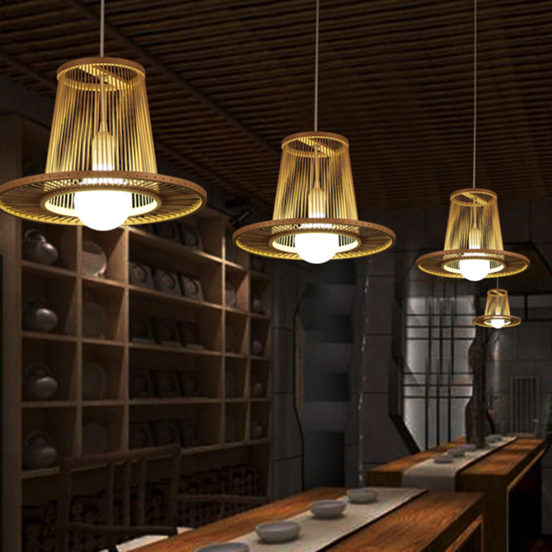 Bamboo Wide Flare Pendant Lighting Chinese 1 Bulb Hanging Light Fixture in Wood for Bedroom