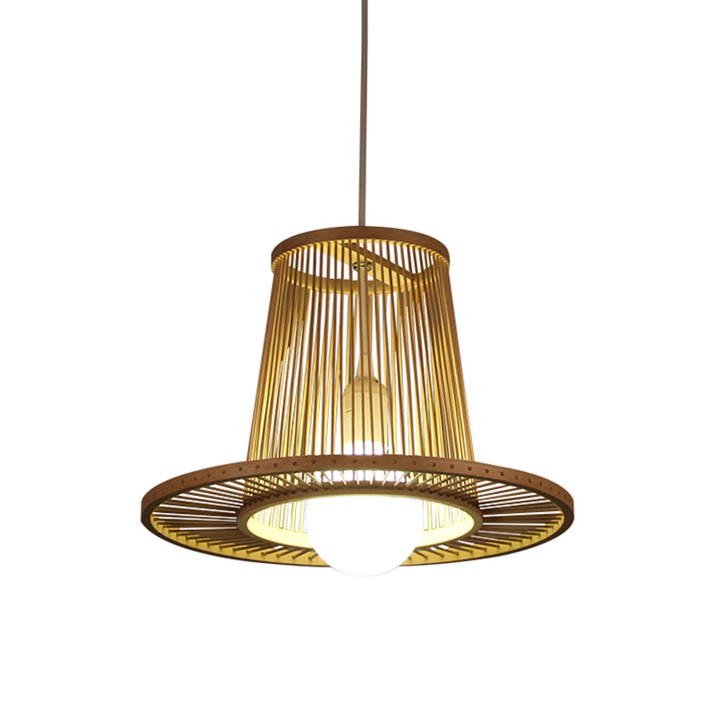 Bamboo Wide Flare Pendant Lighting Chinese 1 Bulb Hanging Light Fixture in Wood for Bedroom