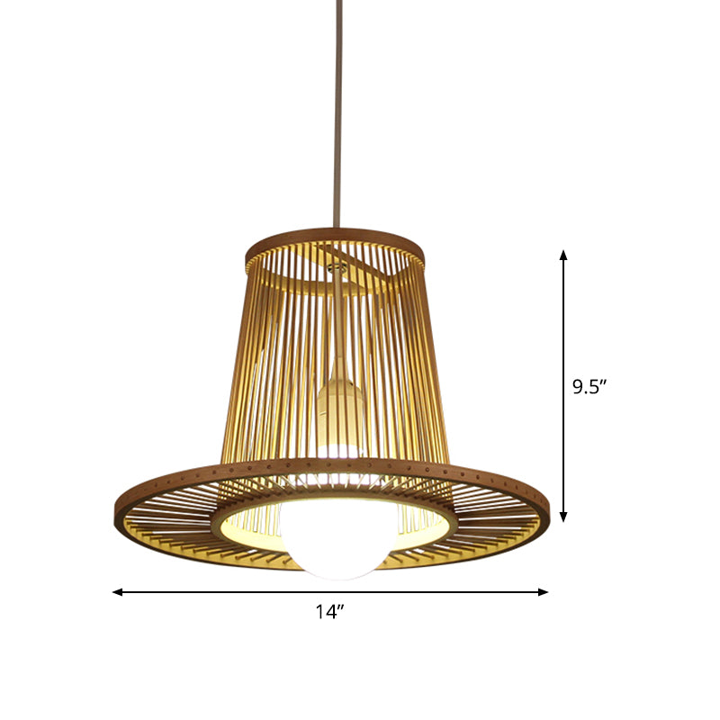 Bamboo Wide Flare Pendant Lighting Chinese 1 Bulb Hanging Light Fixture in Wood for Bedroom