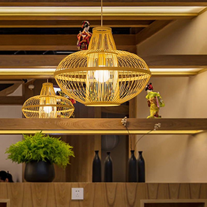 1 Head Restaurant Pendant Lamp Asia Wood Hanging Ceiling Light with Curved Bamboo Shade