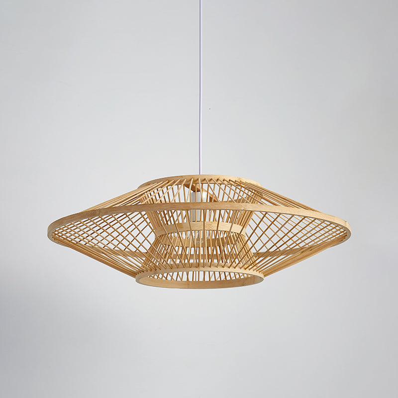 Chinese Saucer Ceiling Light Bamboo 1 Bulb Suspended Lighting Fixture in Wood for Teahouse
