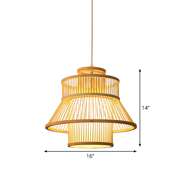 Wood Flared Hanging Light Chinese 1 Bulb Bamboo Suspended Lighting Fixture for Tearoom