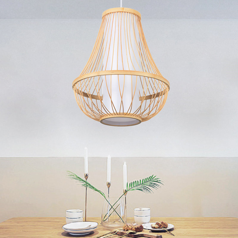 Teardrop Ceiling Light Japanese Bamboo 1 Bulb Wood Pendant Lighting Fixture with Tubular White Parchment Shade