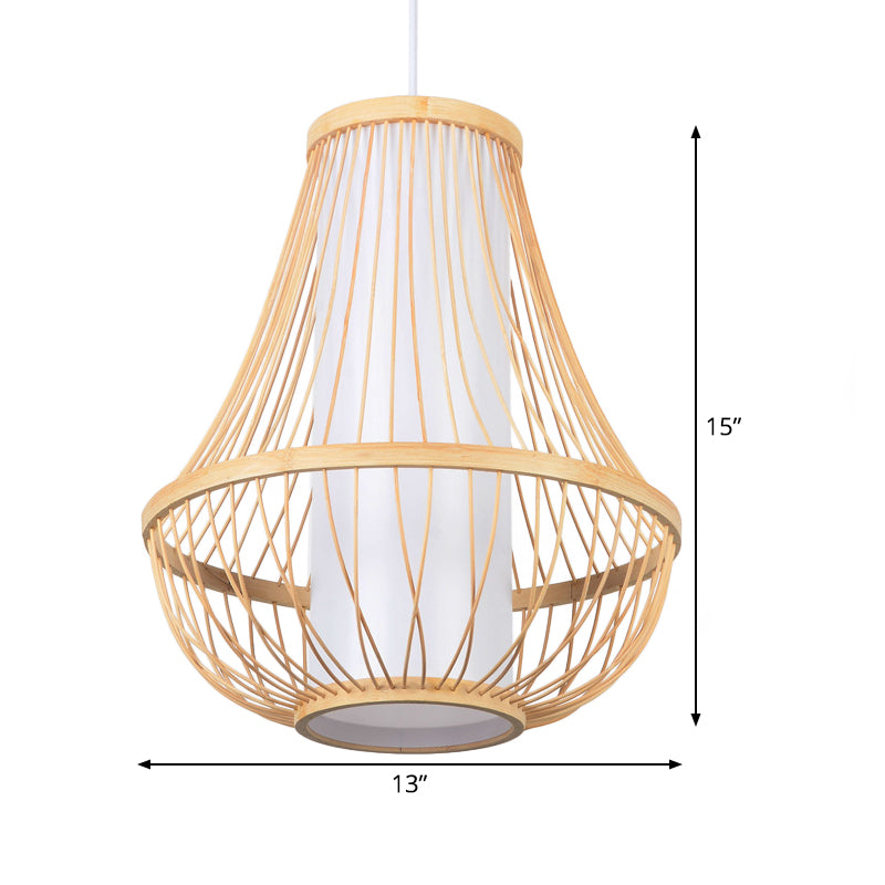 Teardrop Ceiling Light Japanese Bamboo 1 Bulb Wood Pendant Lighting Fixture with Tubular White Parchment Shade