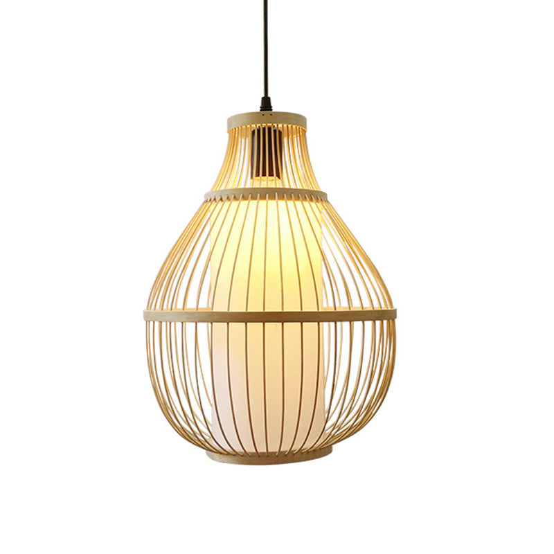 Beige Pear Hanging Lamp Chinese 1 Head Bamboo Ceiling Pendant Light for Dining Room