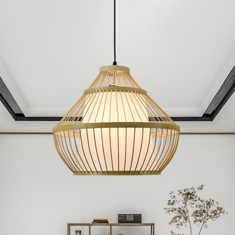 Asian 1 Head Pendant Light Beige Jar Suspended Lighting Fixture with Bamboo Shade