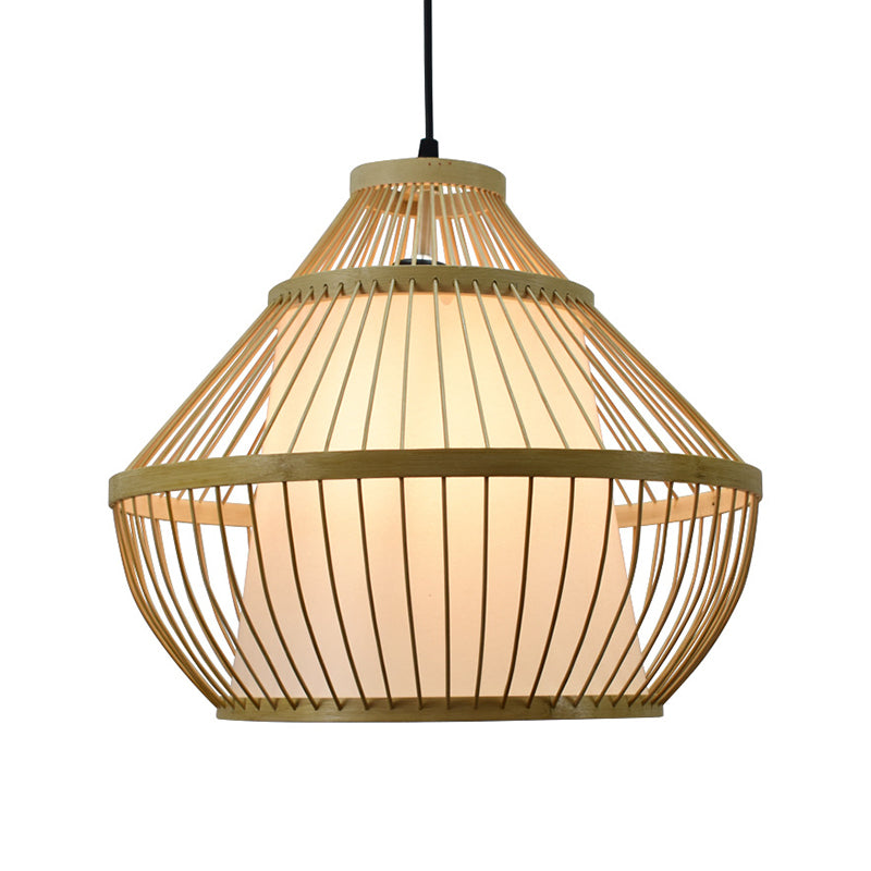 Asian 1 Head Pendant Light Beige Jar Suspended Lighting Fixture with Bamboo Shade