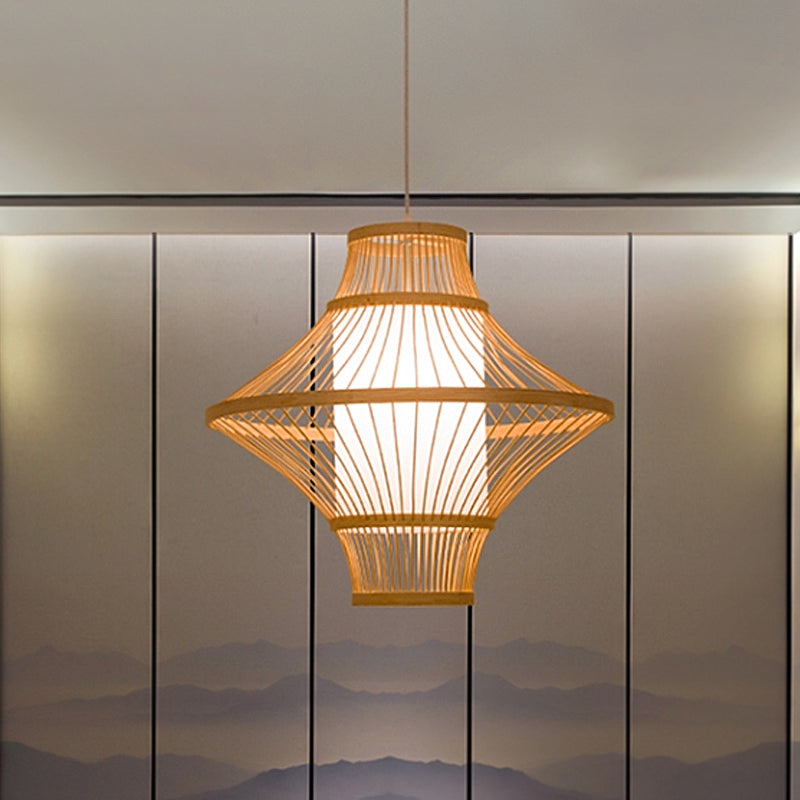 Flying Saucer Bamboo Ceiling Light Asia 1 Head Wood Suspended Lighting Fixture with Cylinder White Parchment Shade