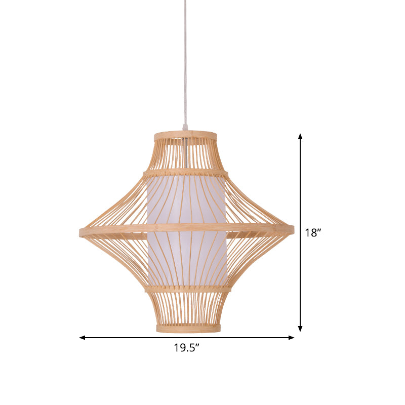 Flying Saucer Bamboo Ceiling Light Asia 1 Head Wood Suspended Lighting Fixture with Cylinder White Parchment Shade