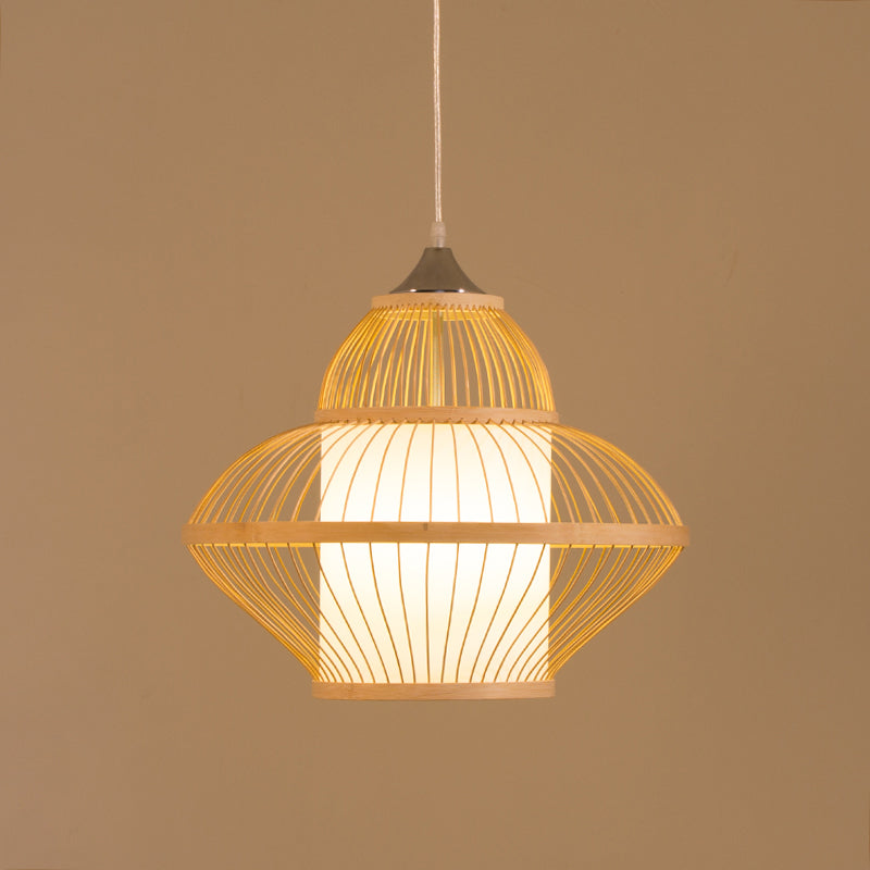 Curvy Pendant Lighting Japanese Bamboo 14"/17" Wide 1 Bulb Wood Ceiling Hanging Light