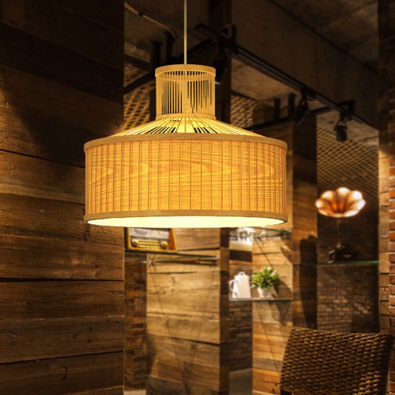 Urn Pendant Lighting Chinese Bamboo 1 Head Beige Ceiling Suspension Lamp, 18"/23.5" Wide