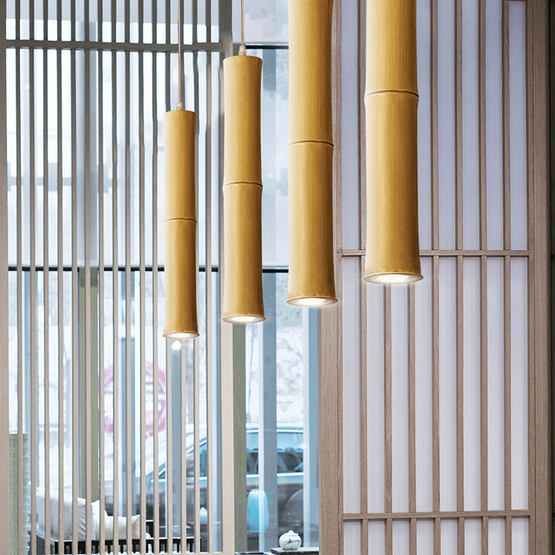 Lámpara de techo de 1 cabeza asiática de madera cilíndrica colgante colgante con sombra de resina