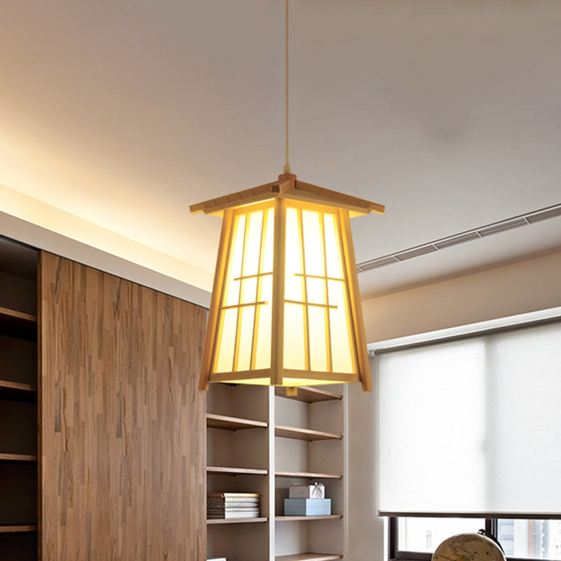 Beige Tower Pendant Lighting Japanese 1 Head Wood Ceiling Suspension Lamp for Restaurant