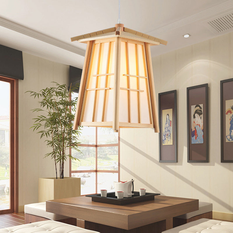 Beige Tower Pendant Lighting Japanese 1 Head Wood Ceiling Suspension Lamp for Restaurant