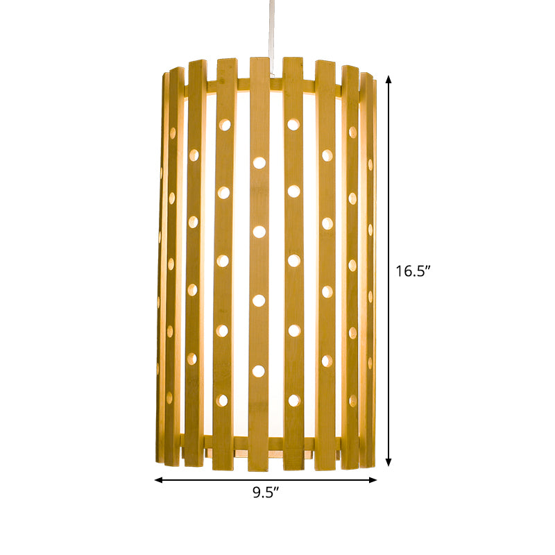 Iluminación colgante cilíndrica de madera japonesa 1 lámpara colgante de bombilla en beige
