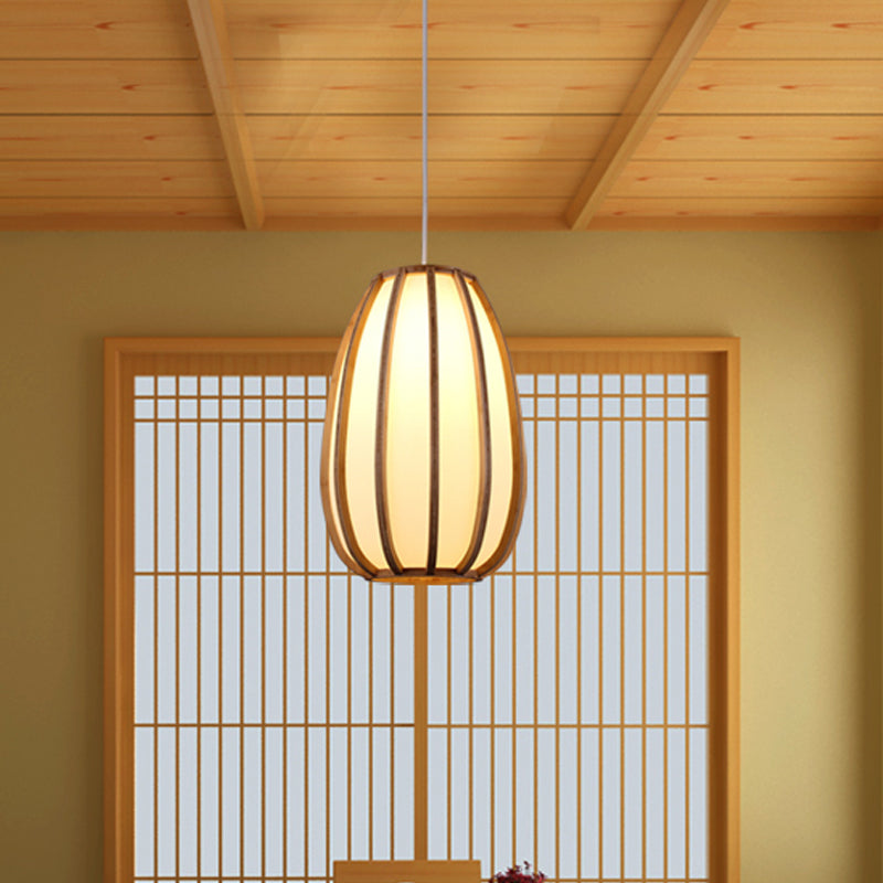 Beige Teardrop Hanging Light Asian 1 Bulb Wood Pendant Lighting Fixture for Dining Room
