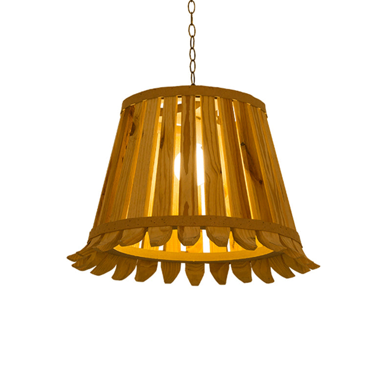 1 Bulb Trumpet Hanging Light Japanese Wood Pendant Lighting Fixture in Beige for Bedroom