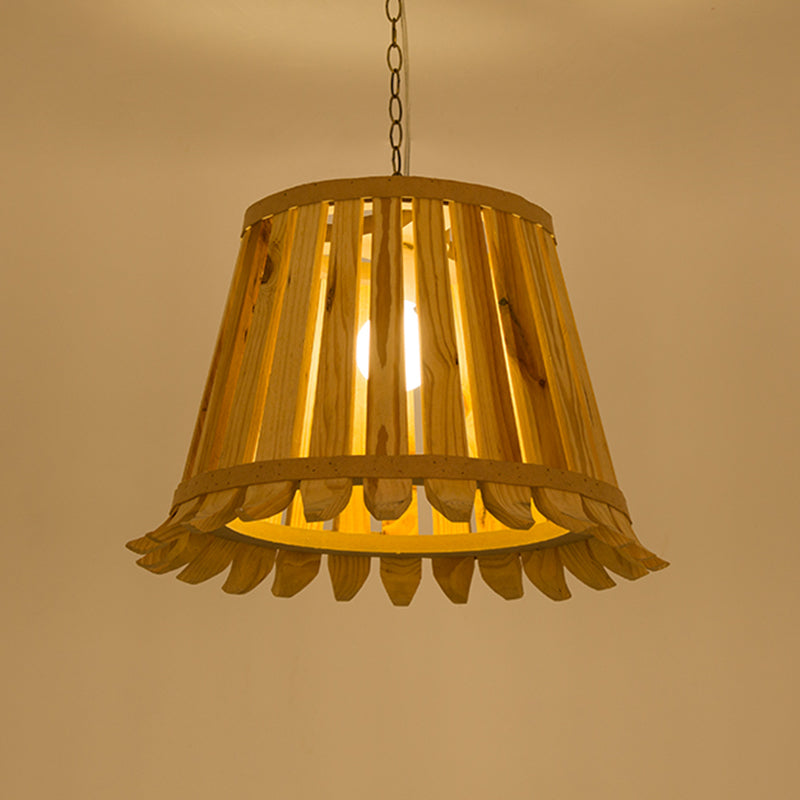 1 Bulb Trumpet Hanging Light Japanese Wood Pendant Lighting Fixture in Beige for Bedroom