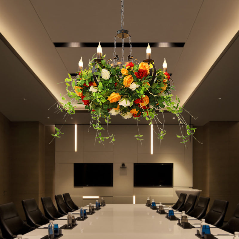 Metal Black Chandelier Lamp Rose 6 Lights Industrial LED Hanging Ceiling Light with Plant Decor
