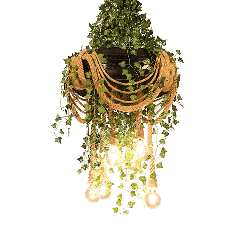 Black Bare Bulb Chandelier Light Vintage Hemp Rope 6 Lights Restaurant Plant Drop Lamp