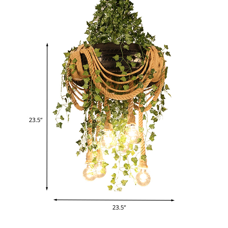 Black Bare Bulb Chandelier Light Vintage Hemp Rope 6 Lights Restaurant Plant Drop Lamp