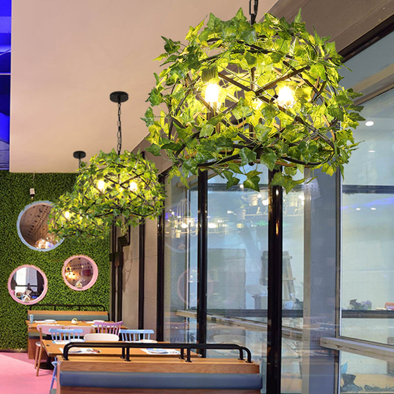 3 Lights Metal Ceiling Chandelier Retro Green Bird Nest Restaurant LED Plant Down Lighting