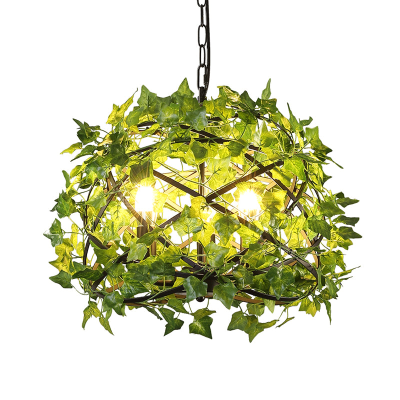 3 Lights Metal Ceiling Chandelier Retro Green Bird Nest Restaurant LED Plant Down Lighting