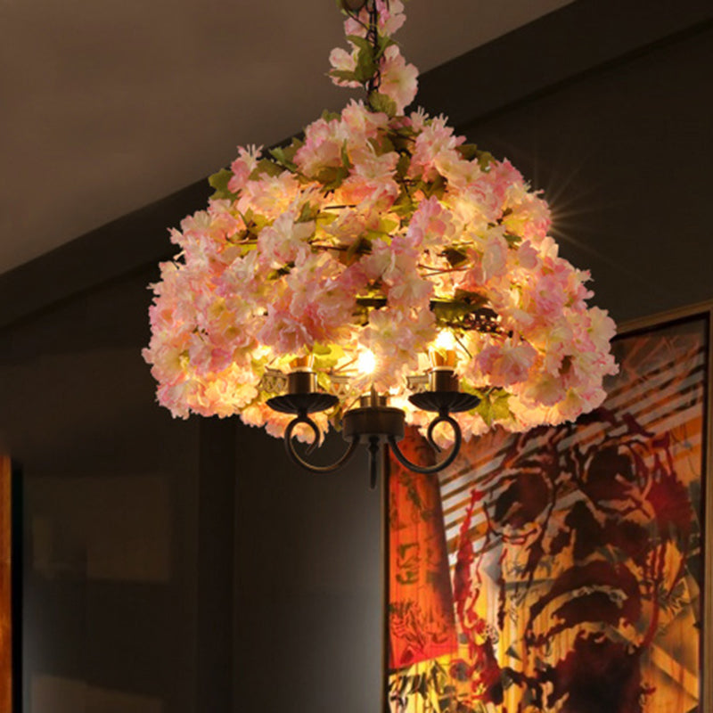Vintage Bowl Chandelier Light Fixture 3 Heads Metal Flower Pendant Lamp in Pink for Restaurant
