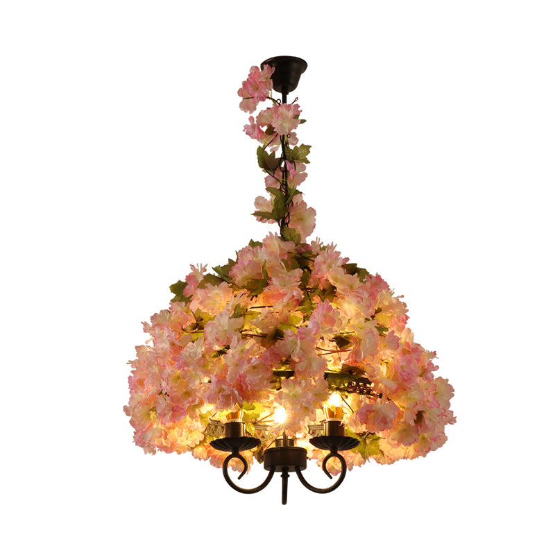 Vintage Bowl Chandelier Light Fixture 3 Heads Metal Flower Pendant Lamp in Pink for Restaurant
