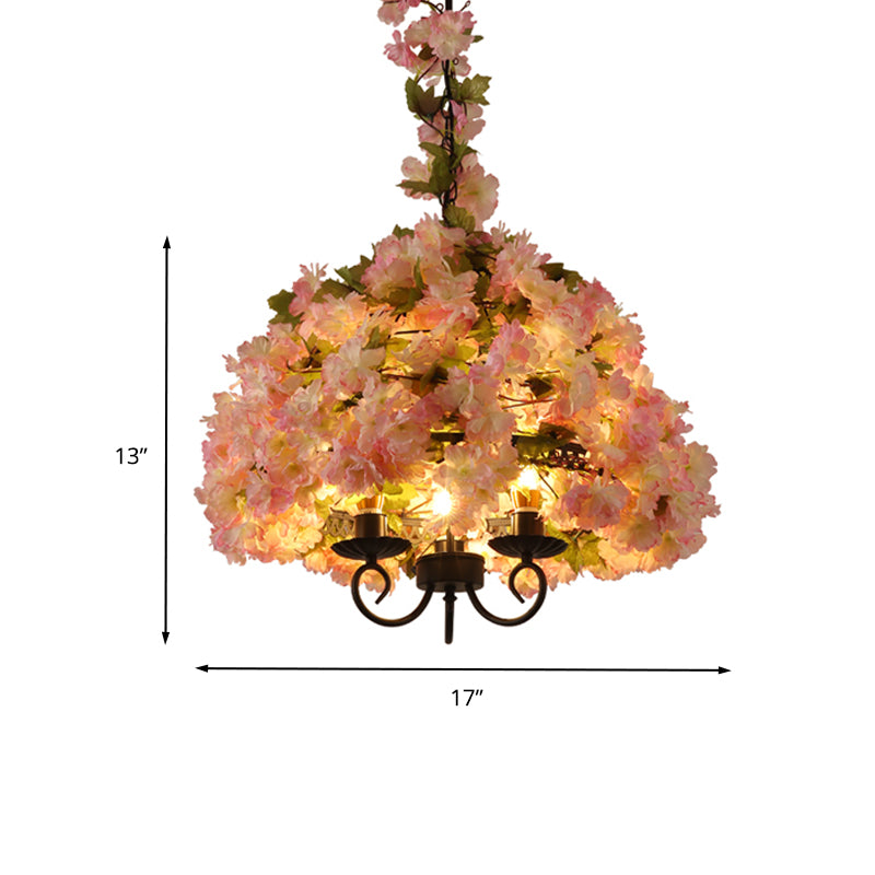 Vintage Bowl Chandelier Light Fixture 3 Heads Metal Flower Pendant Lamp in Pink for Restaurant