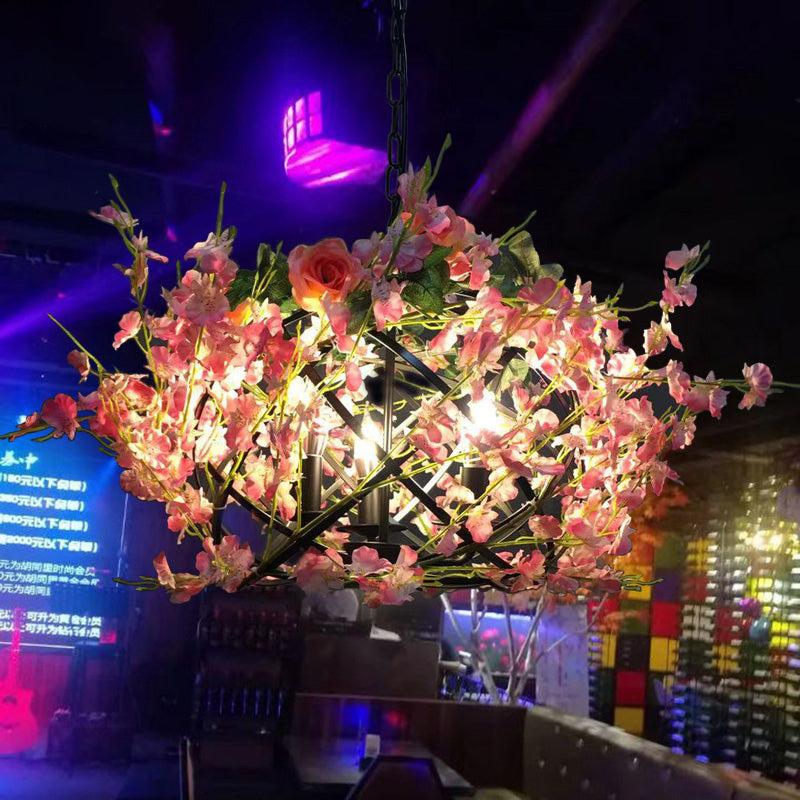 Metal Pink Flower Hanging Chandelier Candle 3 Bulbs Industrial Ceiling Light for Restaurant