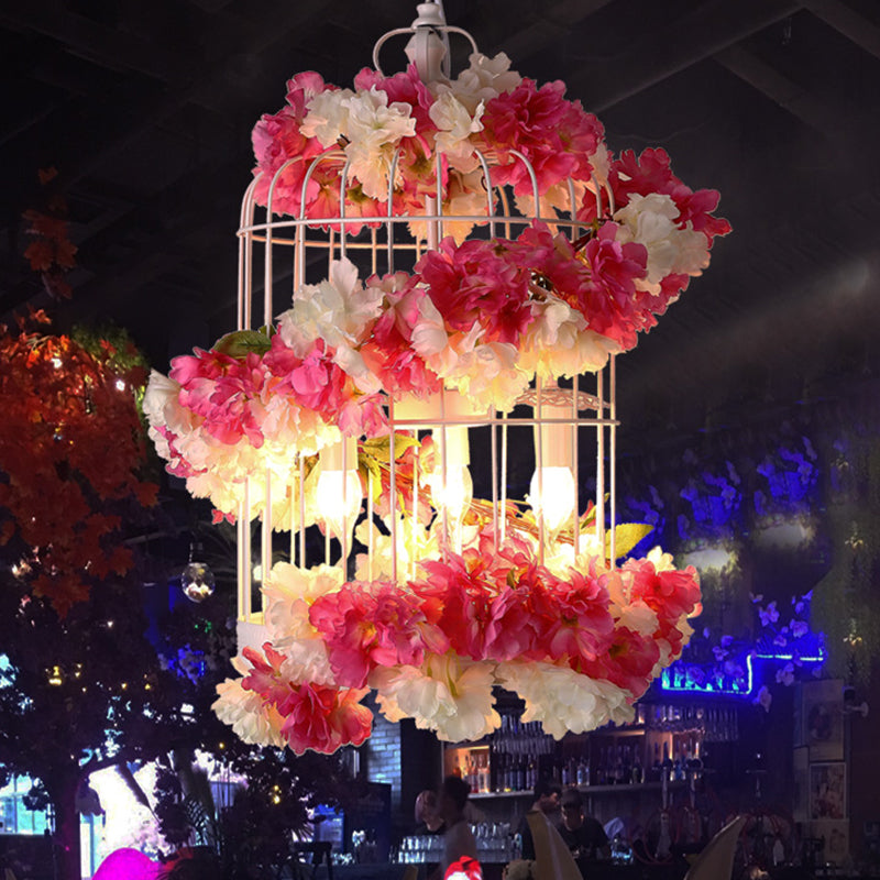 Antique Birdcage Ceiling Chandelier 3 Bulbs Metal Flower Drop Lamp in Rose Red for Restaurant
