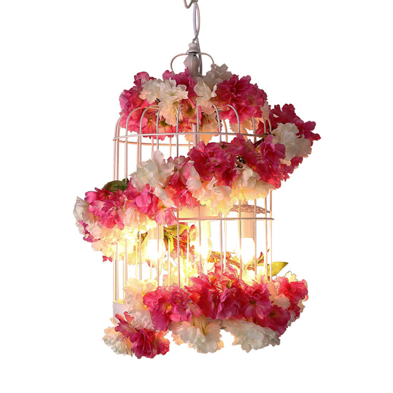 Antique Birdcage Ceiling Chandelier 3 Bulbs Metal Flower Drop Lamp in Rose Red for Restaurant