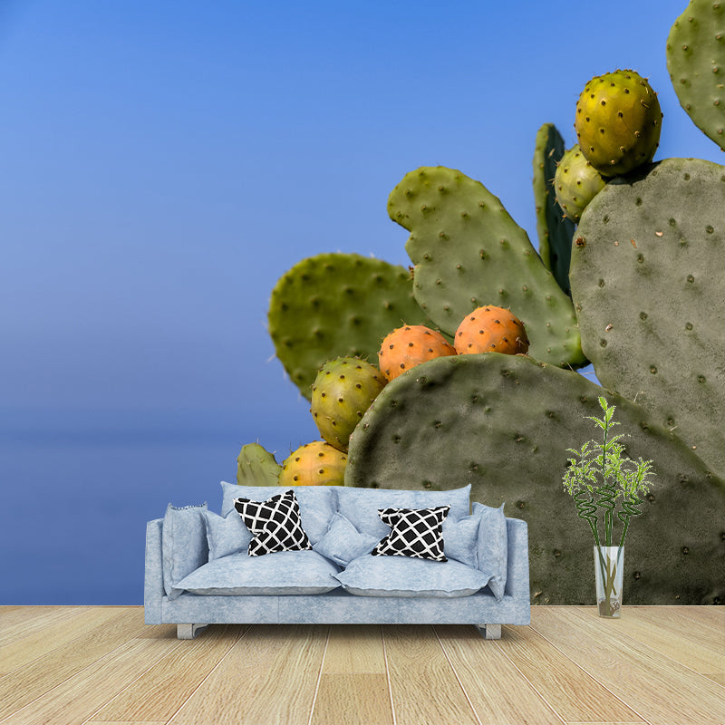 Green Cactus Mural Wallpaper for Reading Room Bedroom, Moisture Resistant