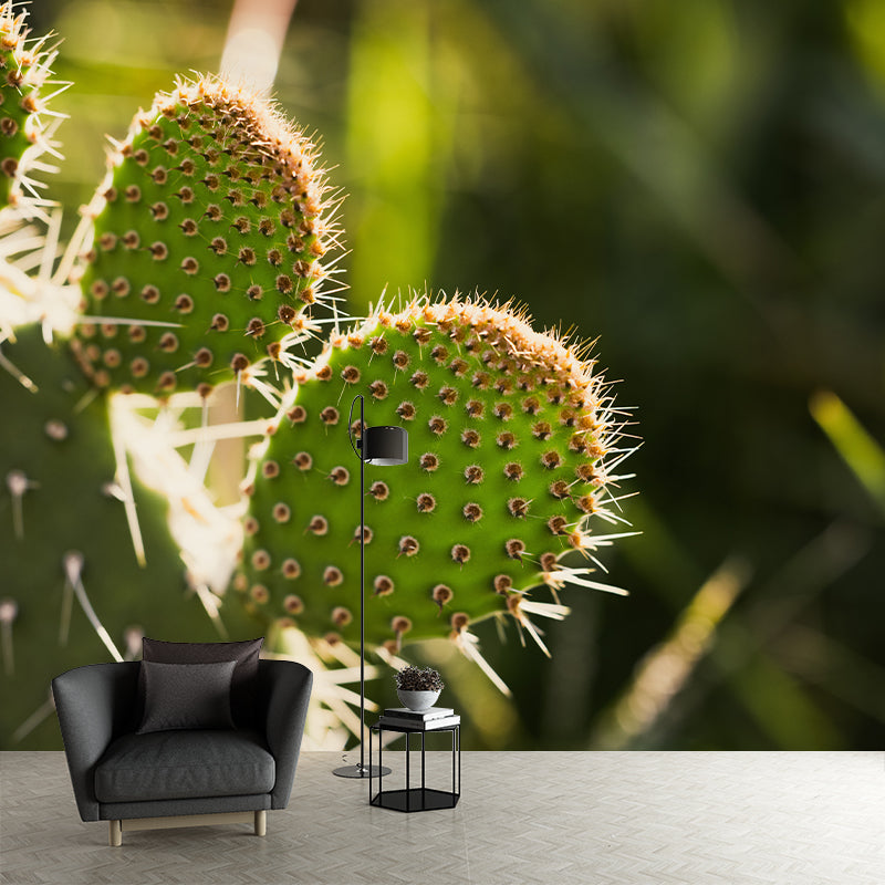 Green Cactus Mural Wallpaper for Reading Room Bedroom, Moisture Resistant