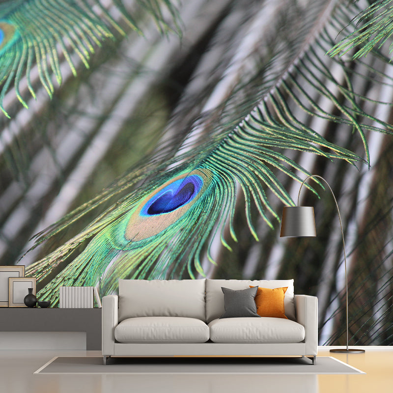 Tropical Style Mural Wallpaper Peacock Feather Wall Covering for Sitting Room