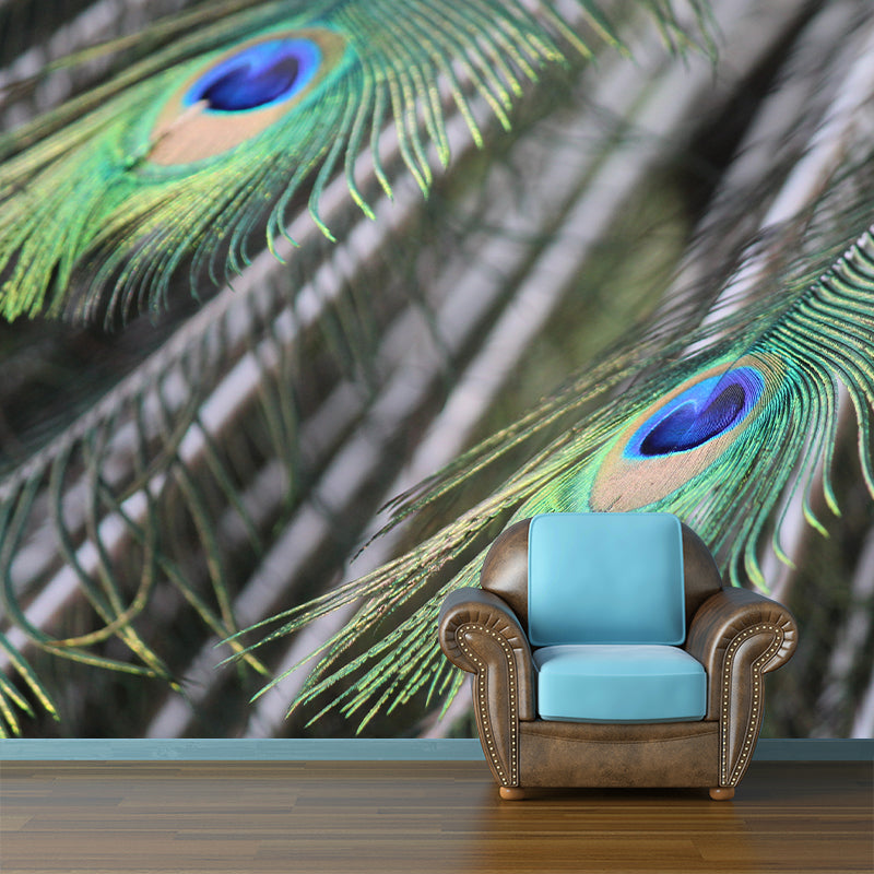 Tropical Style Mural Wallpaper Peacock Feather Wall Covering for Sitting Room