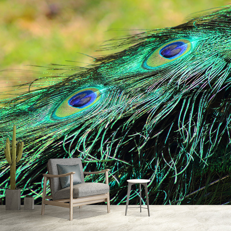 Tropical Style Mural Wallpaper Peacock Feather Wall Covering for Sitting Room