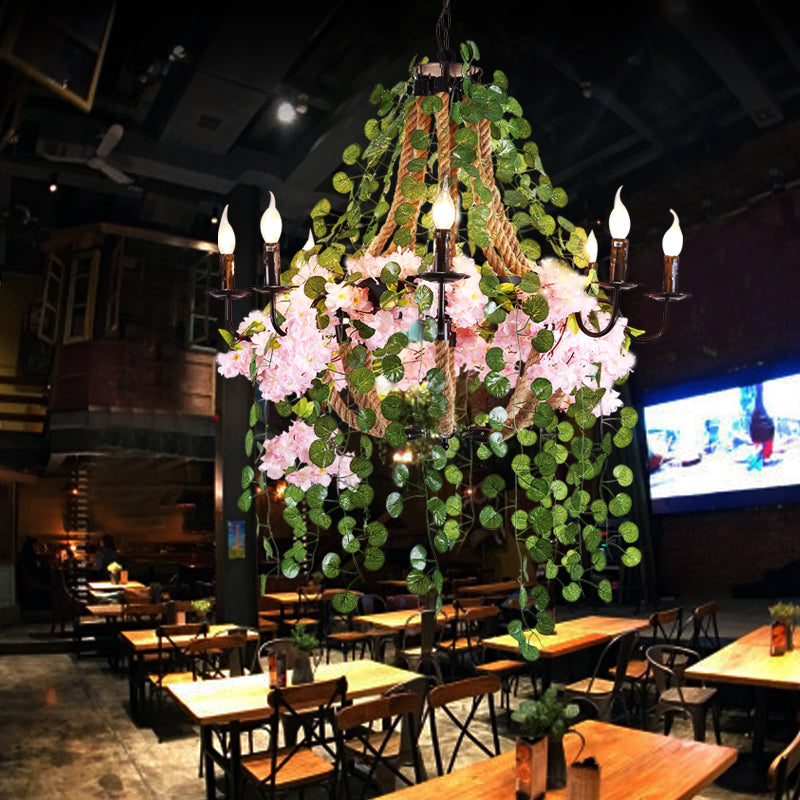 Candlestick Restaurant Chandelier Light Vintage Metal 8 Heads Pink Flower Pendant Lighting Fixture