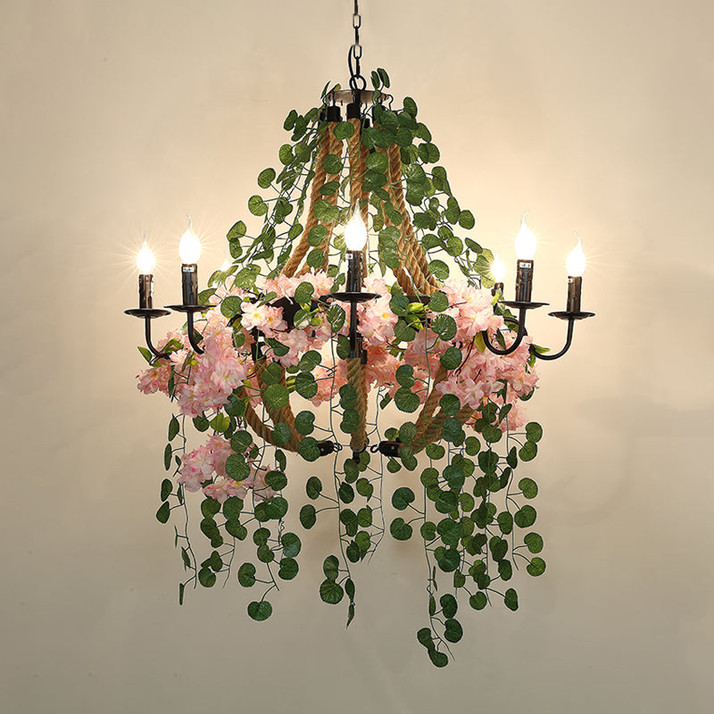 Candlestick Restaurant Chandelier Light Vintage Metal 8 Heads Pink Flower Pendant Lighting Fixture