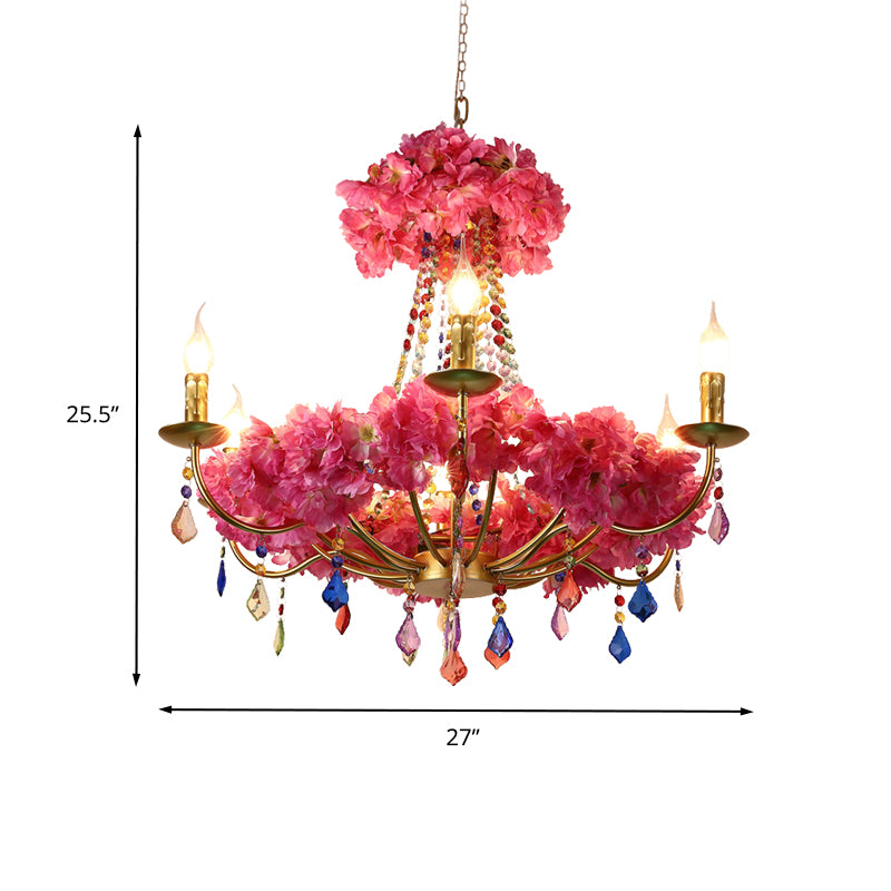 La lampe de lustre à fleur rose métallique candélabre 6 bulbes antique LED suspendu plafond plafond avec cristal pendante