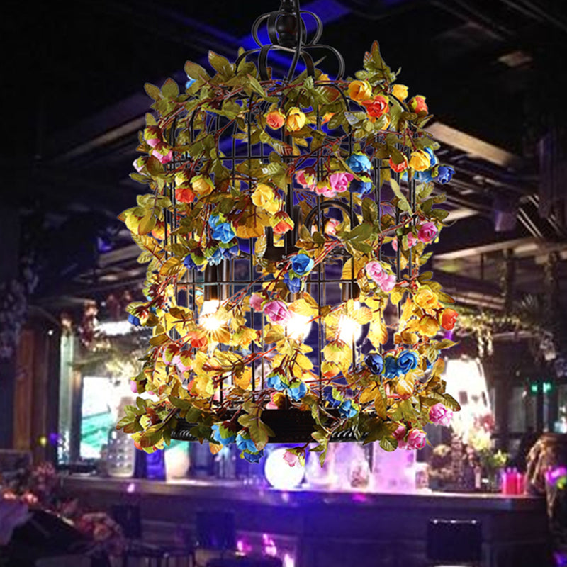 Green 3 Heads Chandelier Lighting Industrial Metal Birdcage LED Flower Suspension Pendant