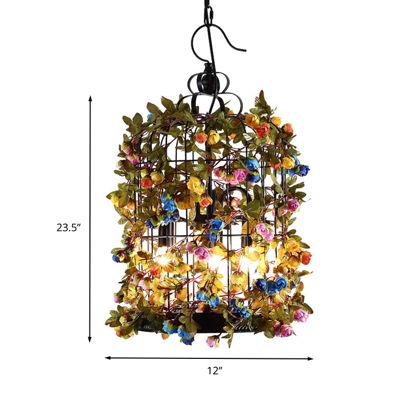Green 3 Heads Chandelier Lighting Industrial Metal Birdcage LED Flower Suspension Pendant